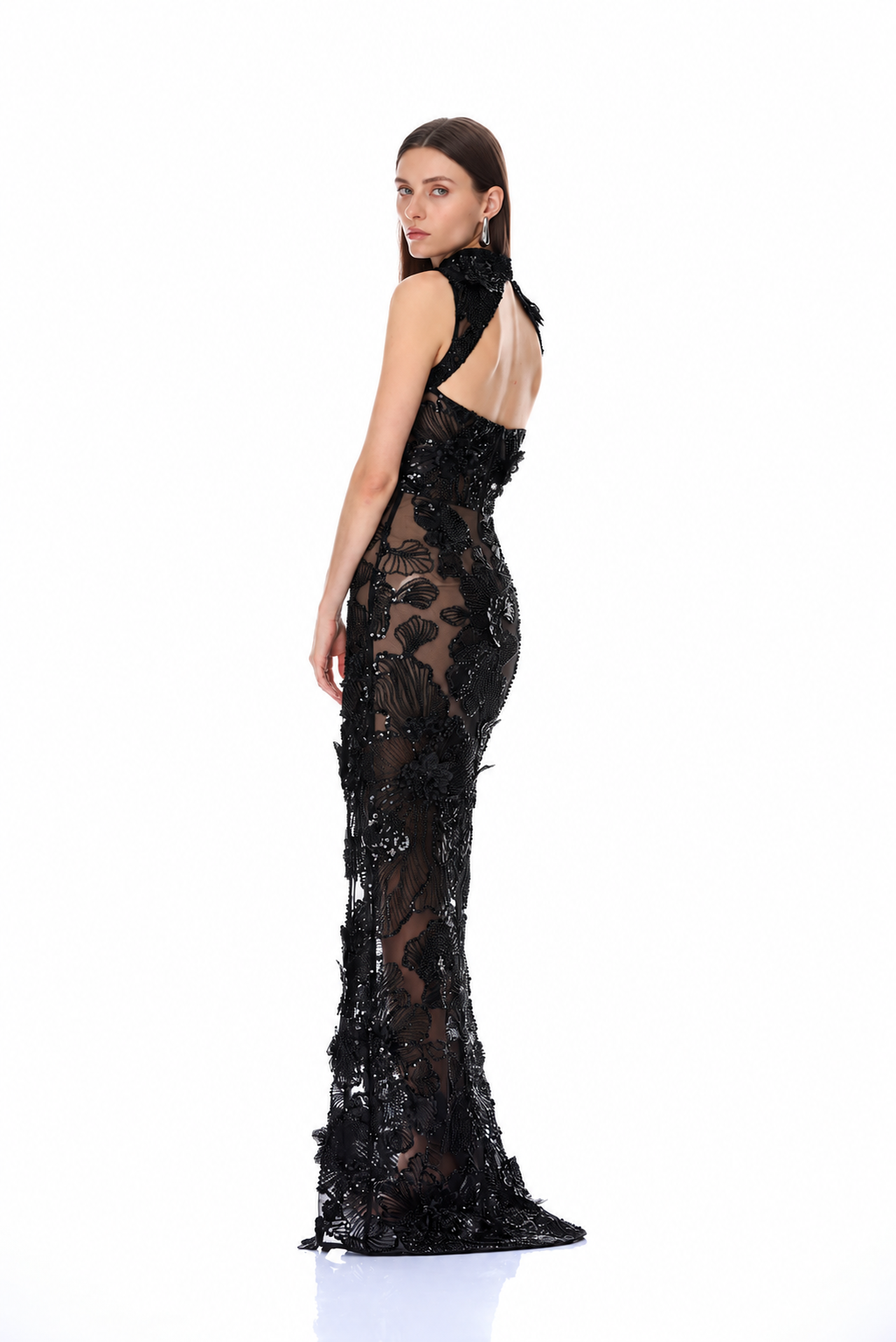 High-Neck Embellished Black Maxi Dress