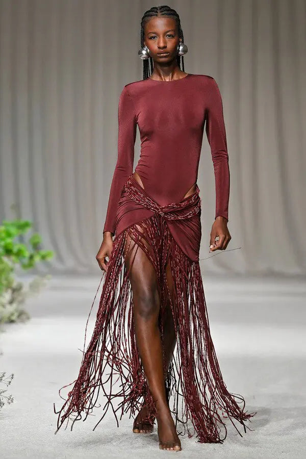 Tarsila Fringe Maxi Dress in Taffeta | Brown