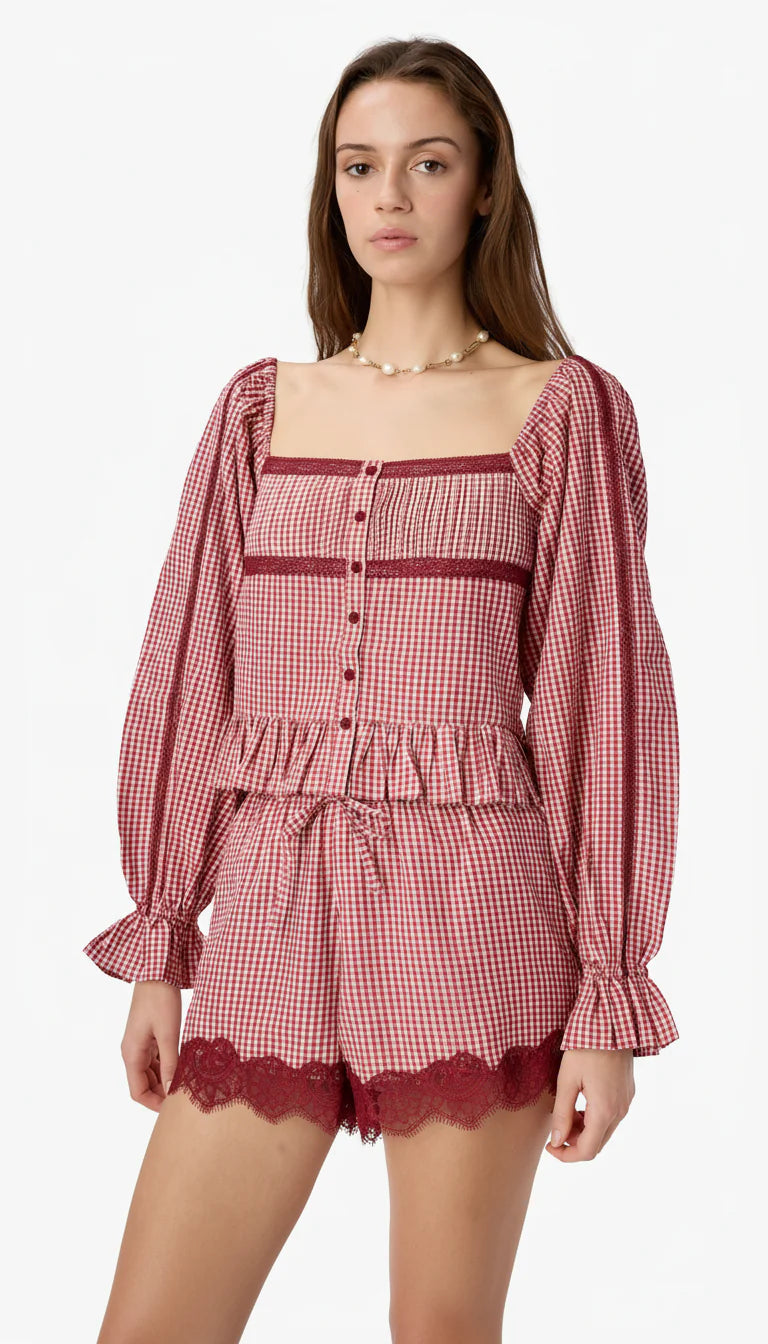 Cassandra Mid Rise Silk Cotton Short | Berry Gingham