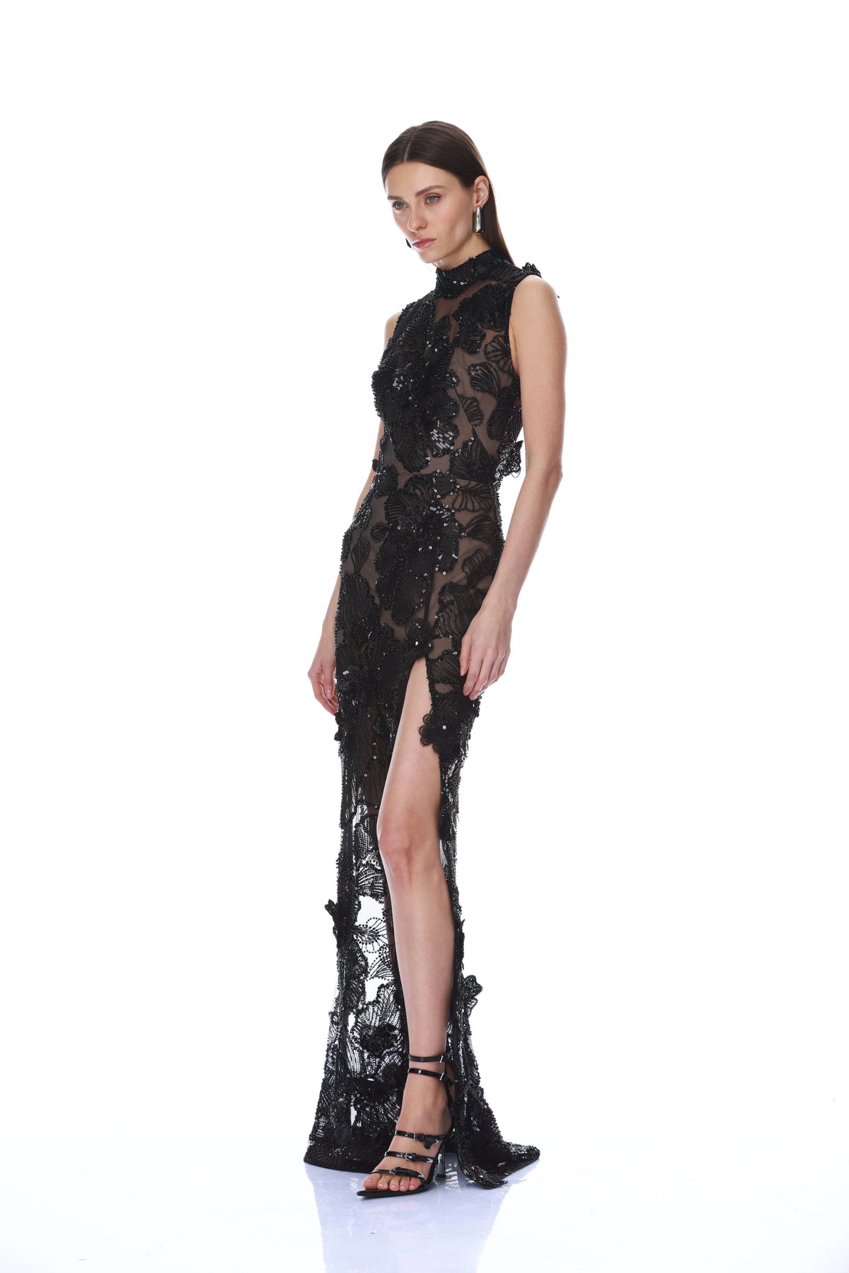 High-Neck Embellished Black Maxi Dress