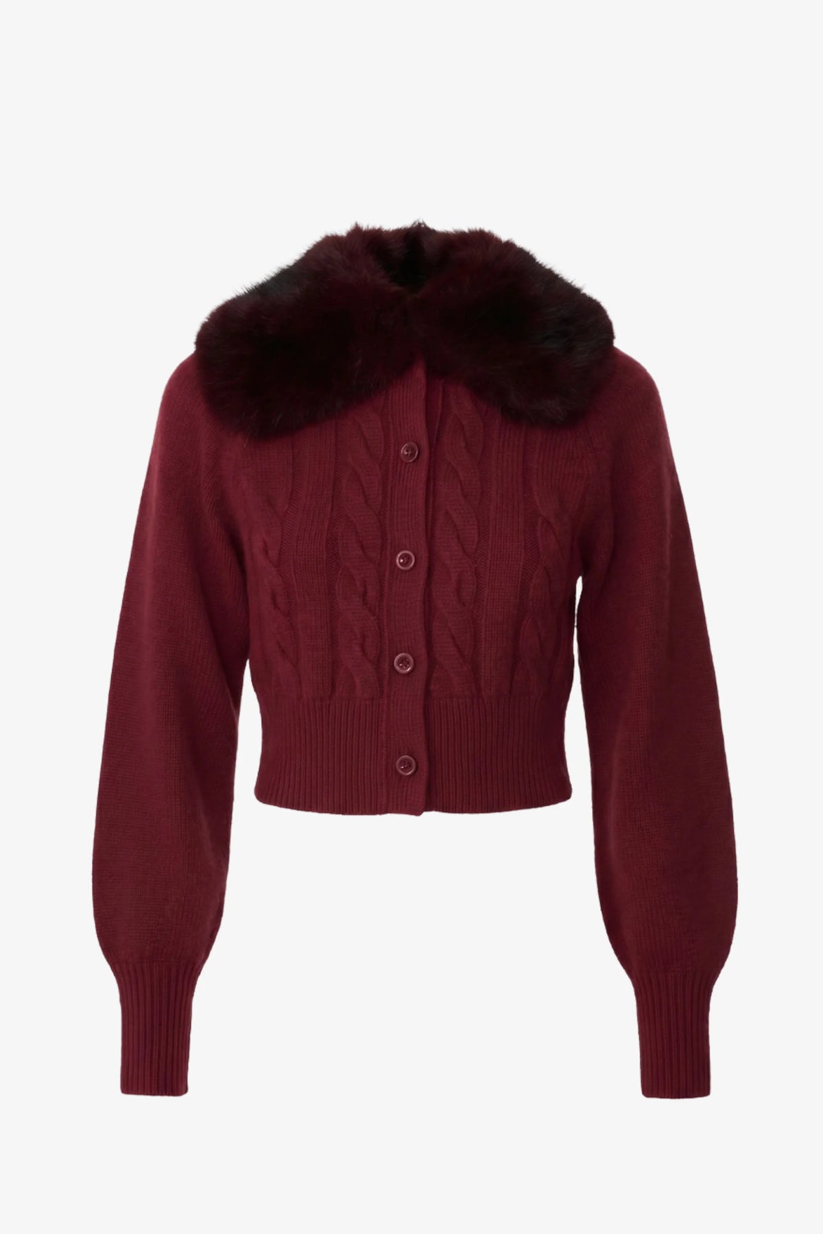 Rita Cable Knit Cardigan With Fur Collar | Wine