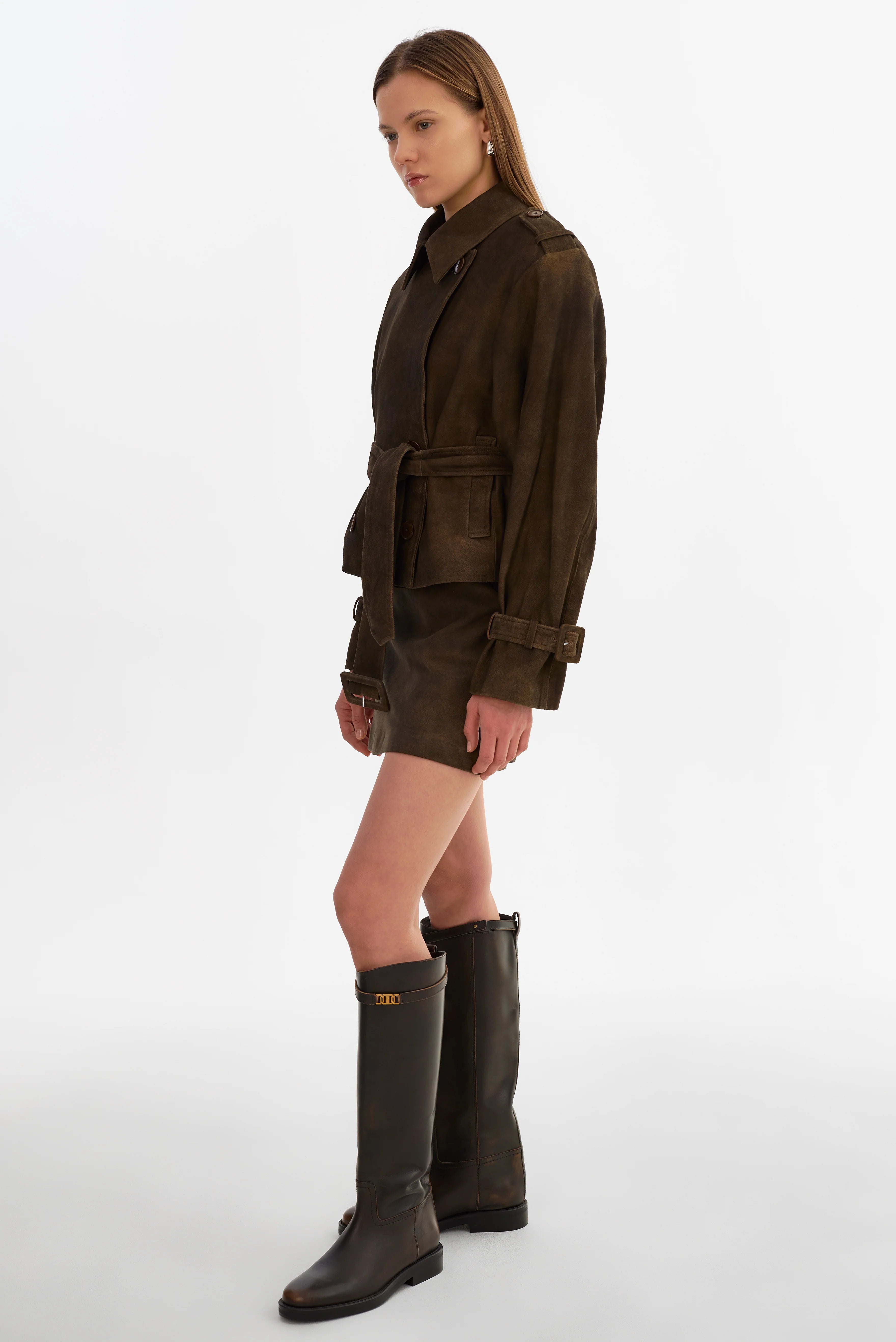 Dhana Short Suede Trench | Dark Brown
