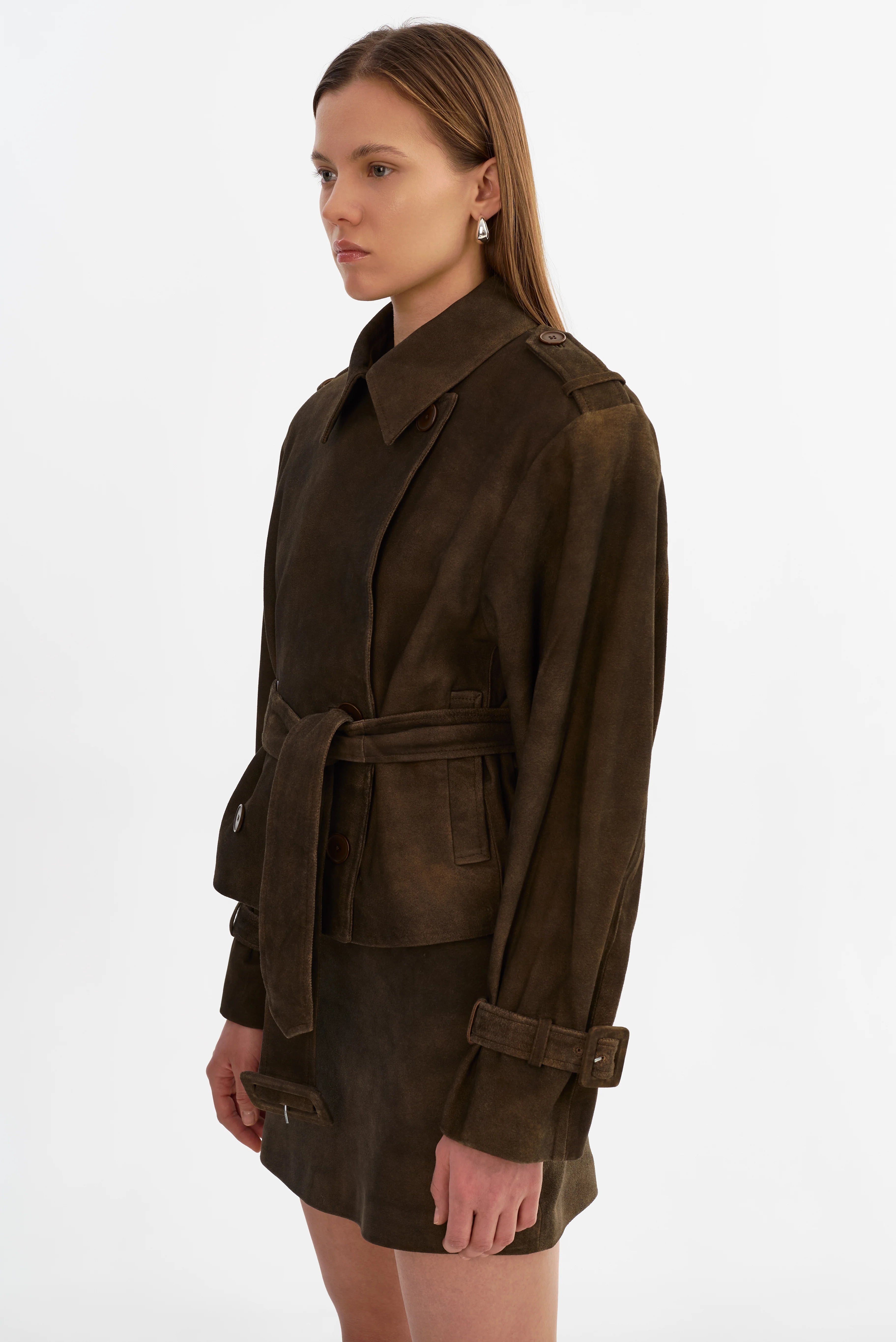 Dhana Short Suede Trench | Dark Brown