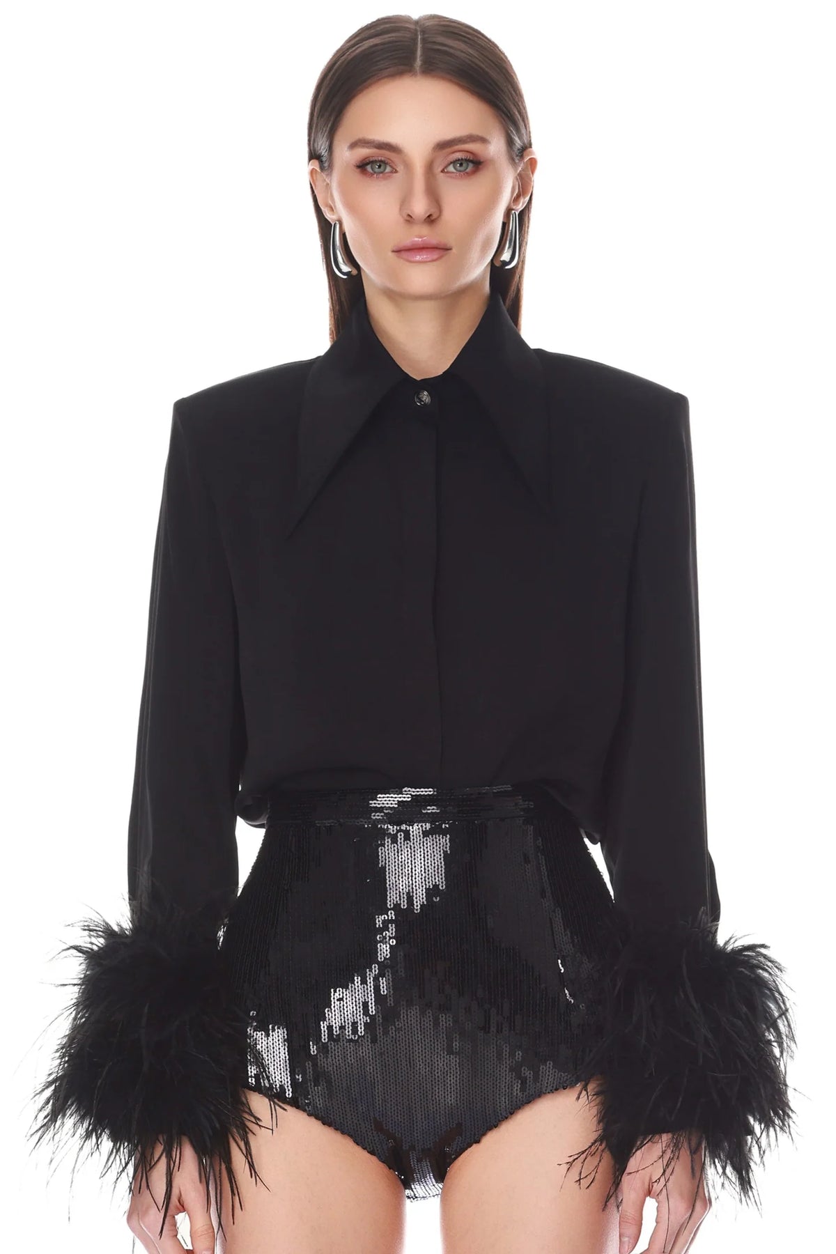 Button Down Blouse with Feather Cuffs