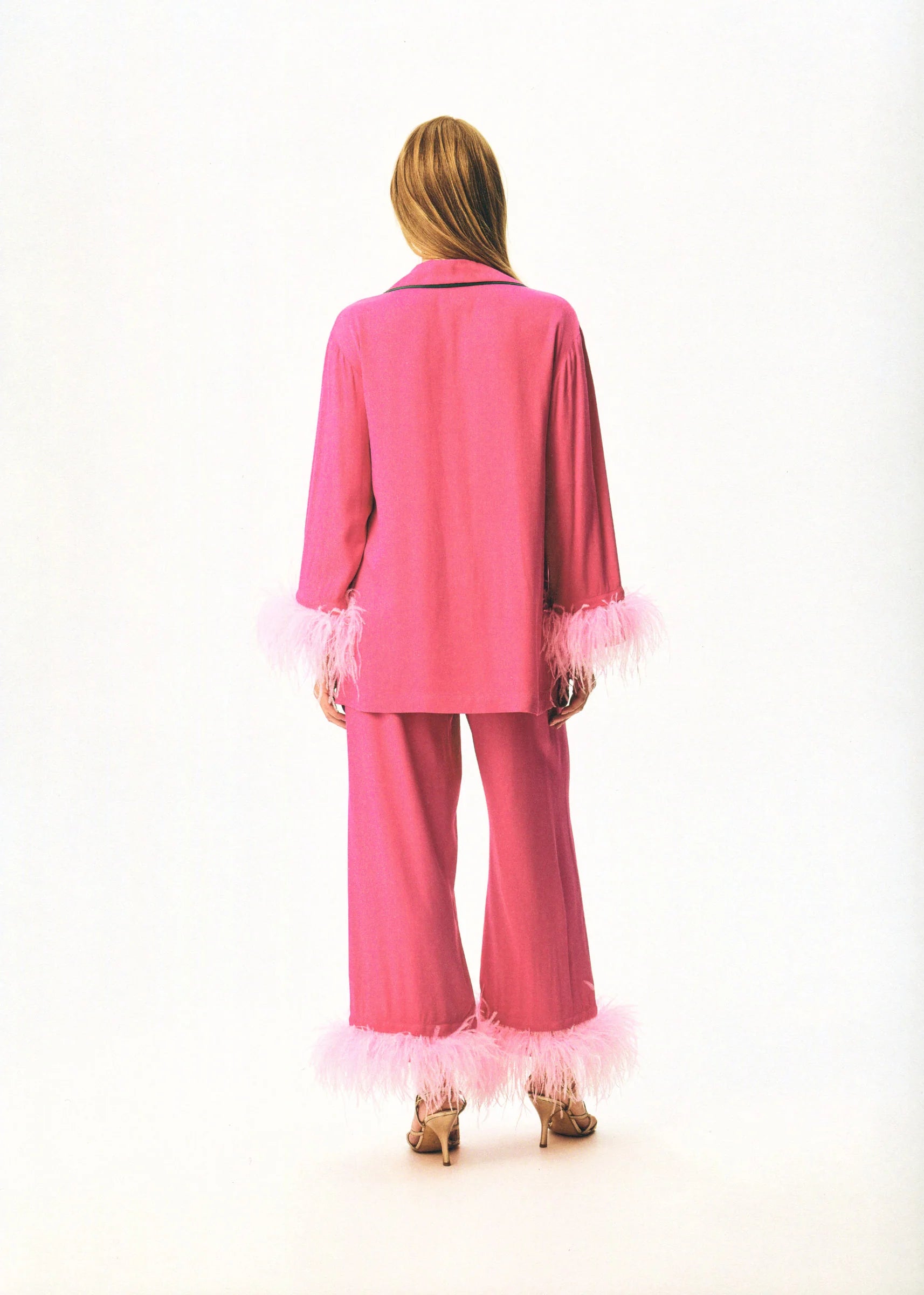 Party Pajama Suit with Feathers | Hot Pink