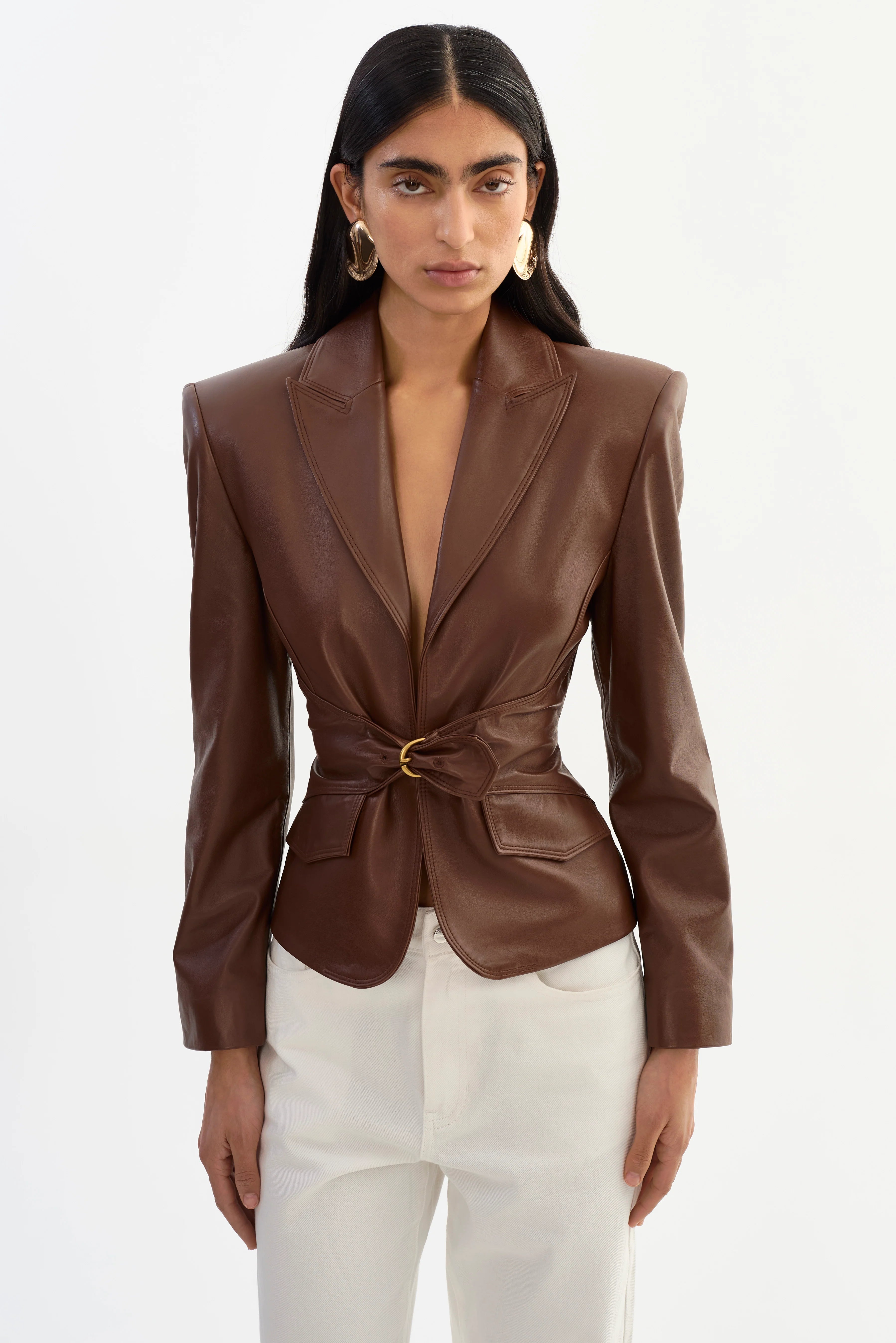 Wiley Belted Leather Blazer | Mid Brown