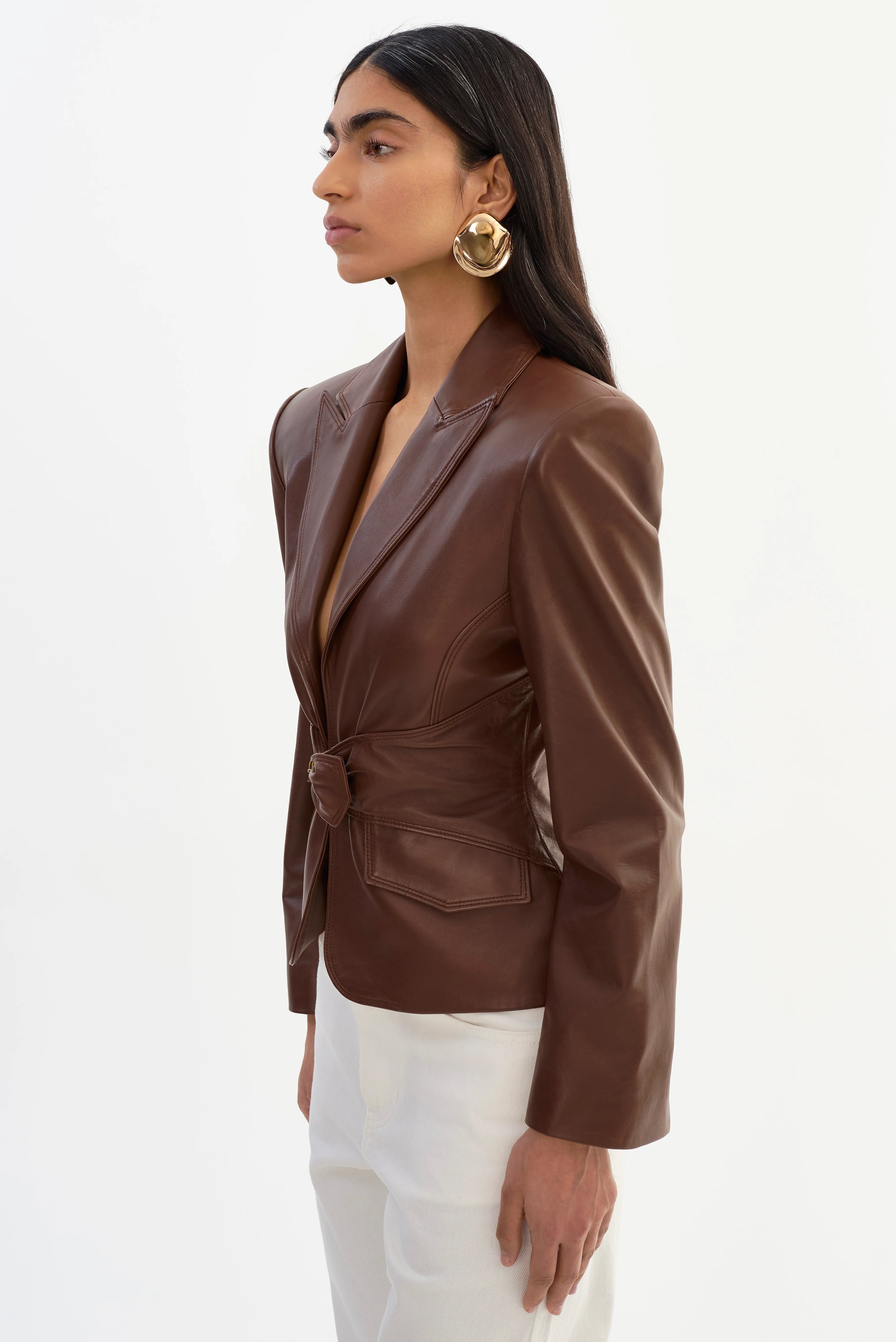 Wiley Belted Leather Blazer | Mid Brown