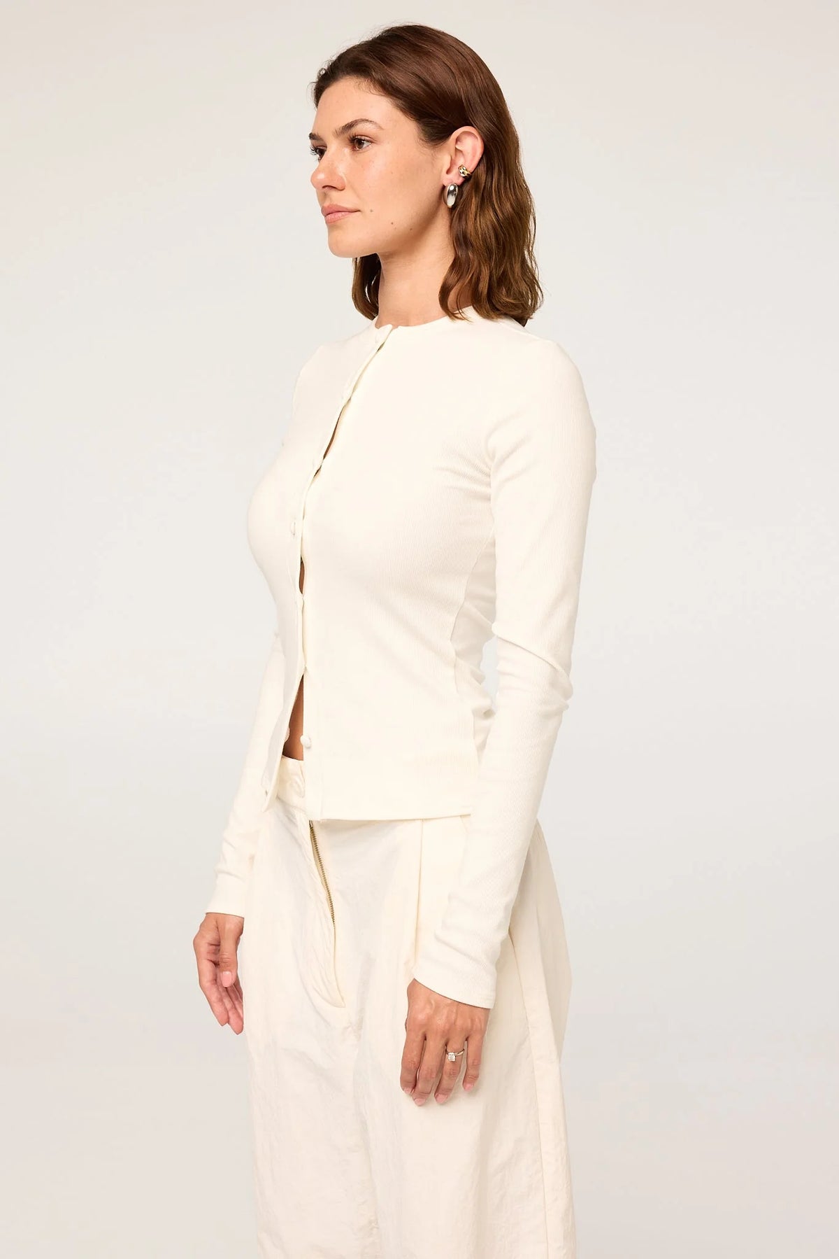 Clover White Ribbed Jersey Cardigan | White