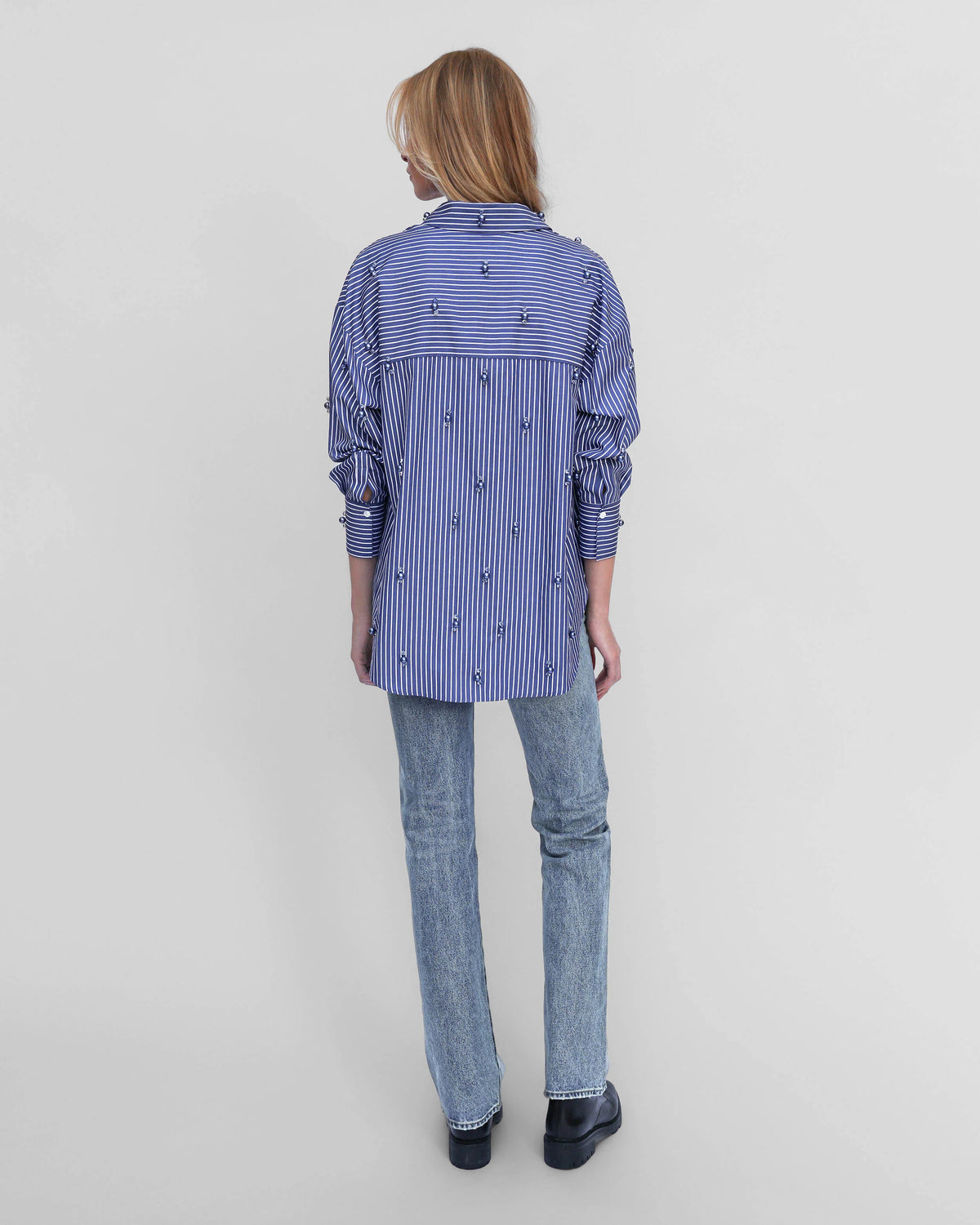 Echo Stripe Crystal Boyfriend Shirt | Ink Blue