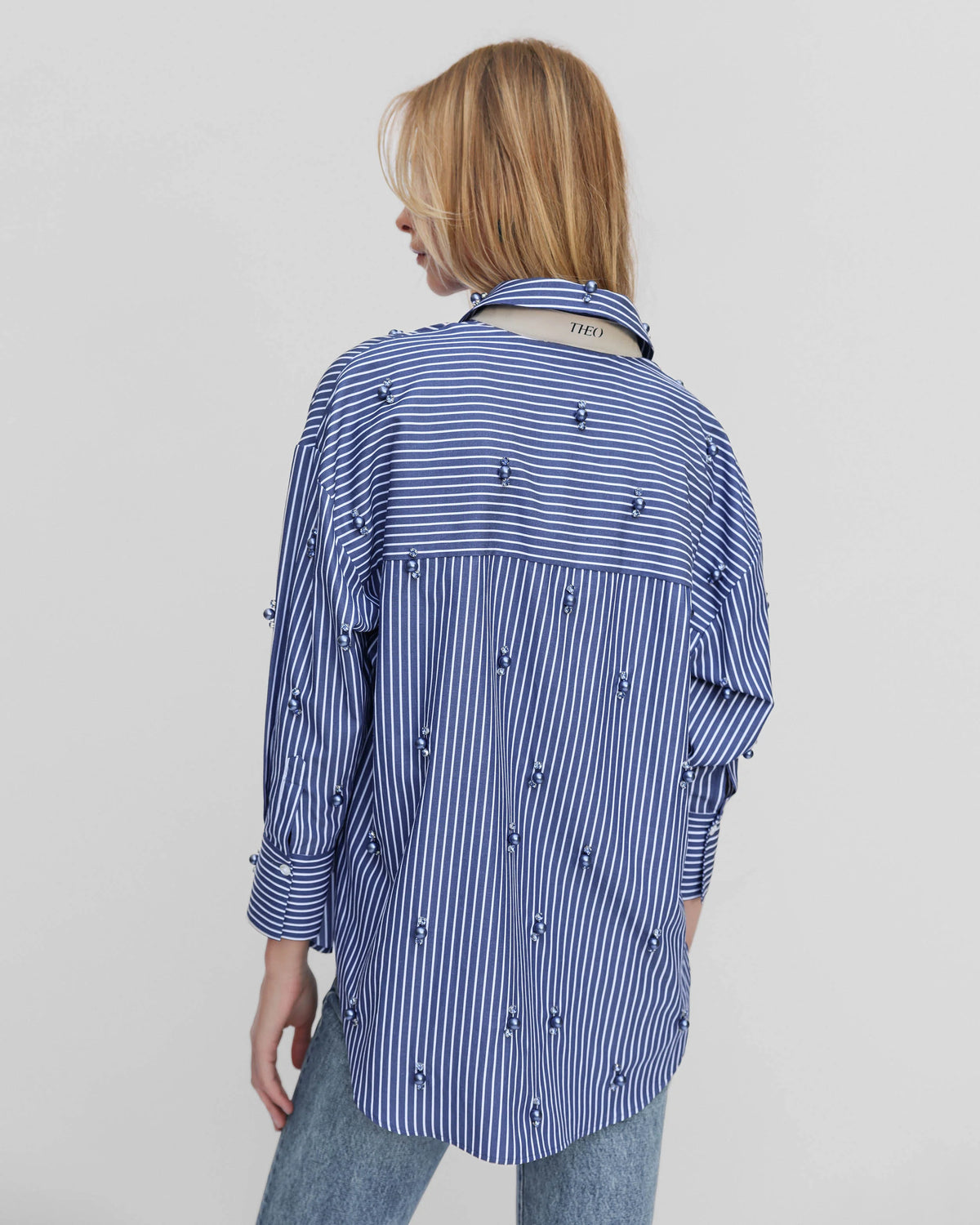 Echo Stripe Crystal Boyfriend Shirt | Ink Blue
