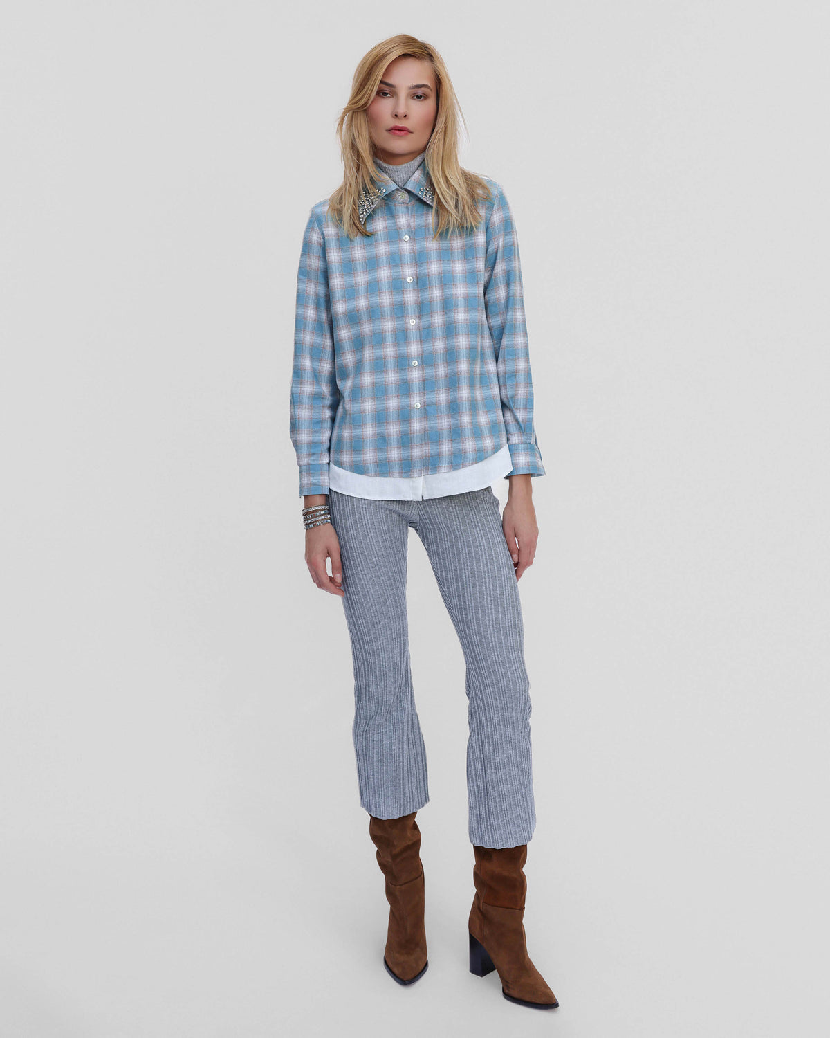 Europa Plaid Flannel Crystal Beaded Collar Shirt | Stillwater