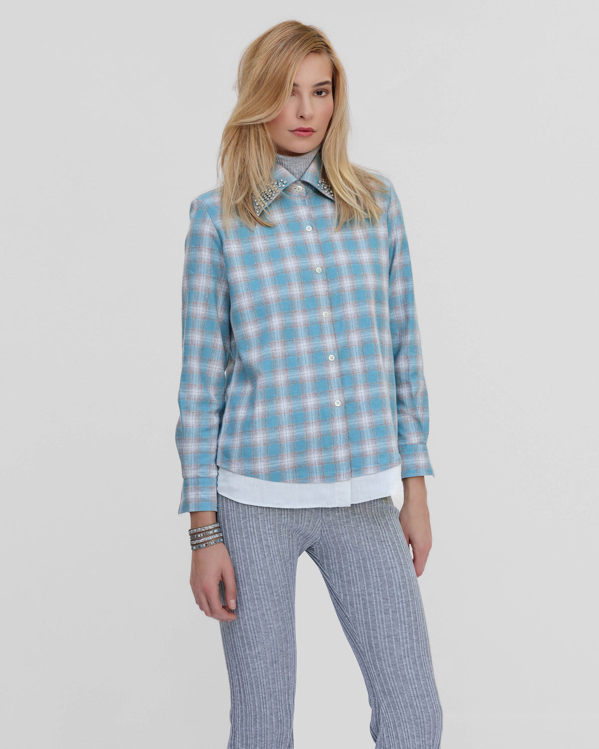 Europa Plaid Flannel Crystal Beaded Collar Shirt | Stillwater
