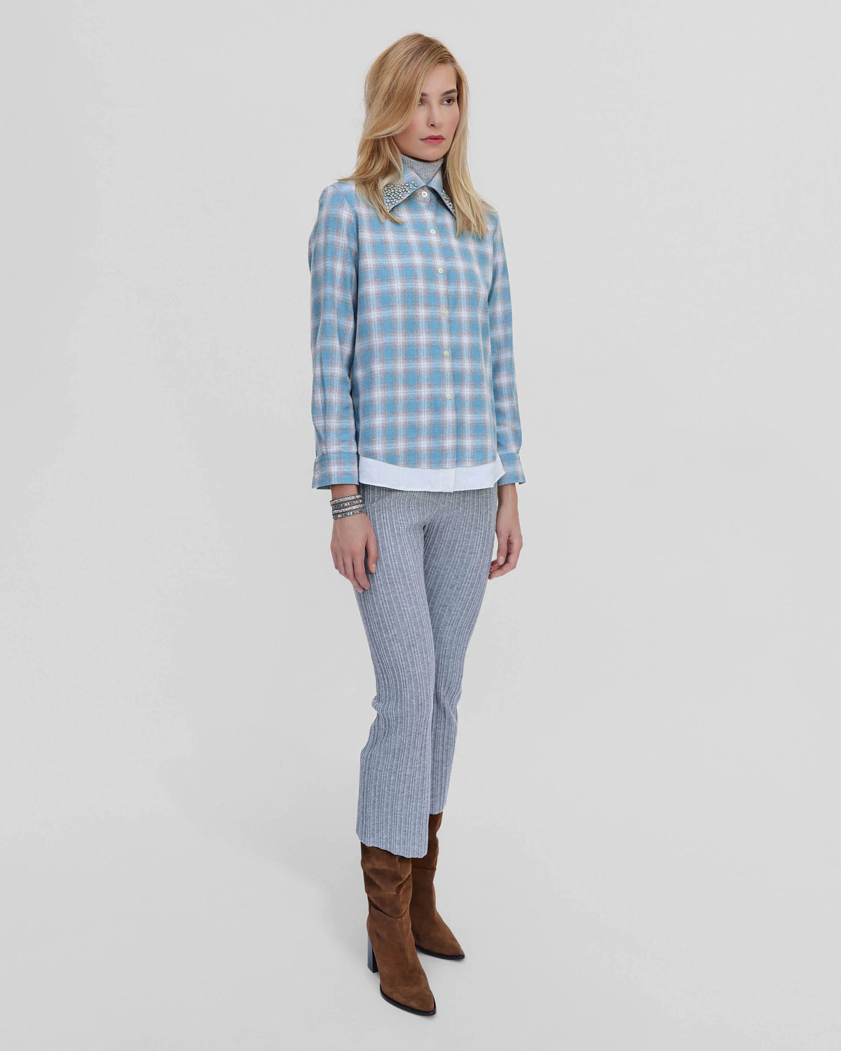 Europa Plaid Flannel Crystal Beaded Collar Shirt | Stillwater