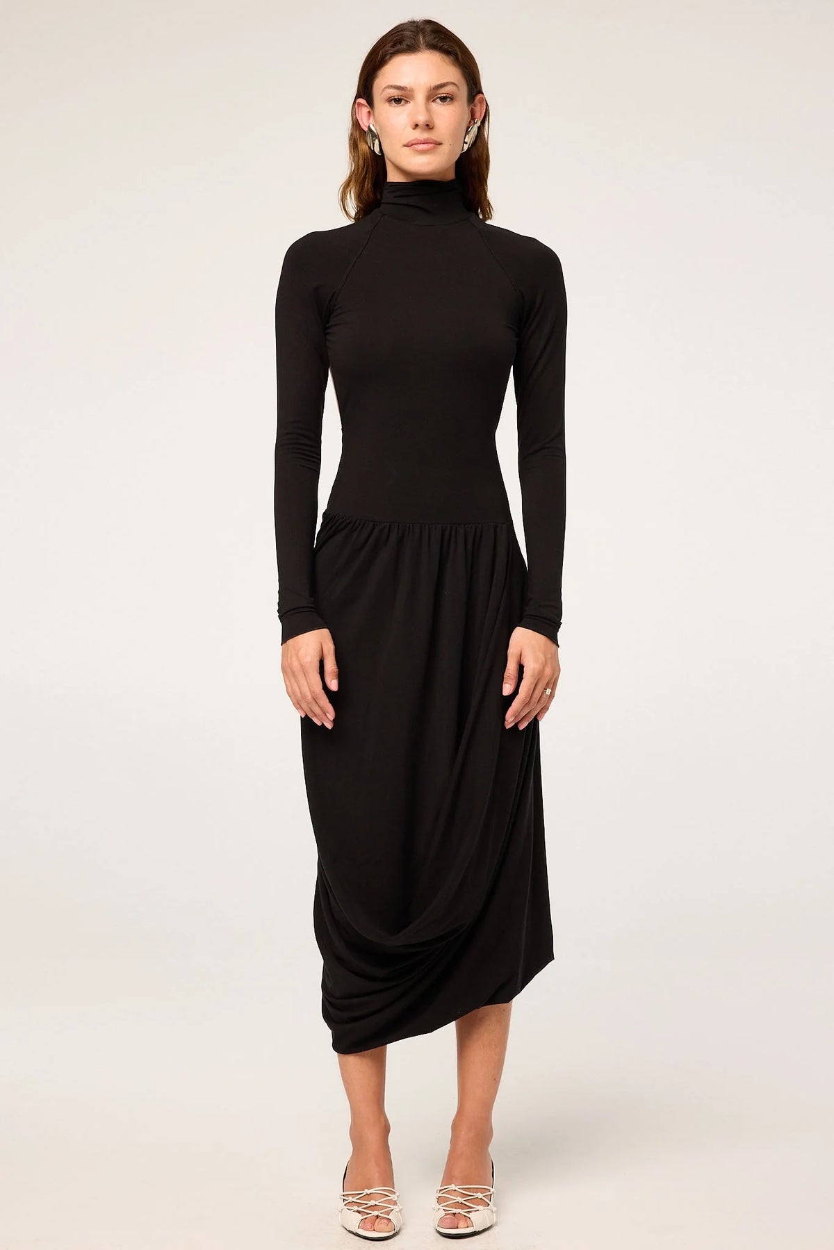 Jan Open Black Draped Midi Dress | Black
