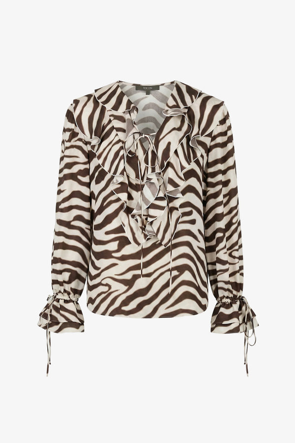 Toccin Pia V-Neck Ruffle Blouse | Natural Zebra