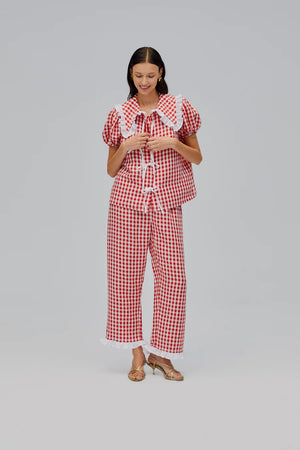 Sleeper Puff Linen Lounge Shirt | Red Vichy