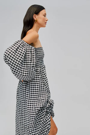 Sleeper Atlanta Linen Dress with Rose Detail | Black Vichy