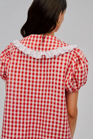 Sleeper Puff Linen Lounge Shirt | Red Vichy