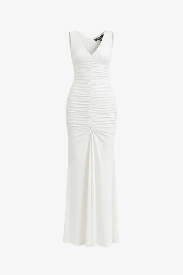 Toccin The Inez Sleeveless V-Neck Ruched Midi Dress | Coconut