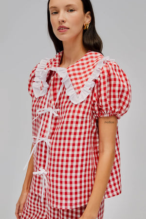 Sleeper Puff Linen Lounge Shirt | Red Vichy