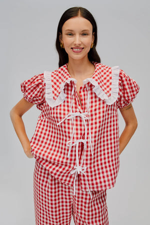 Sleeper Puff Linen Lounge Shirt | Red Vichy