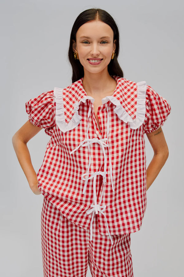 Sleeper Puff Linen Lounge Shirt | Red Vichy