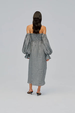 Sleeper Atlanta Linen Dress with Rose Detail | Black Vichy