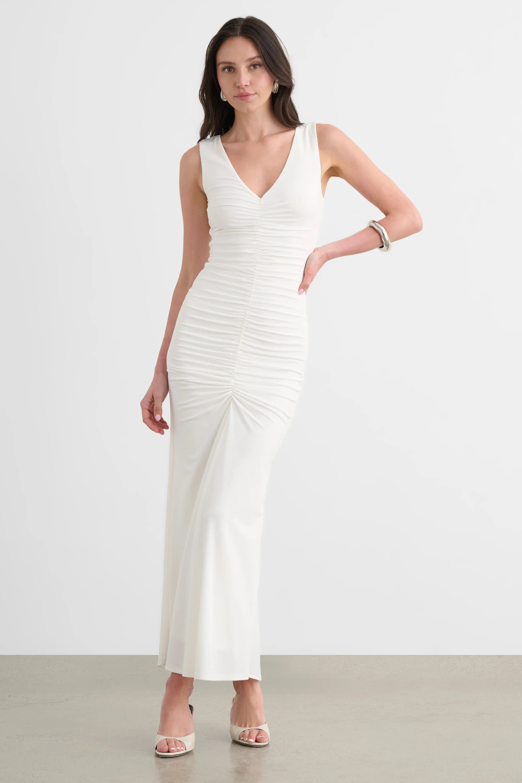 The Inez Sleeveless V-Neck Ruched Midi Dress | Coconut
