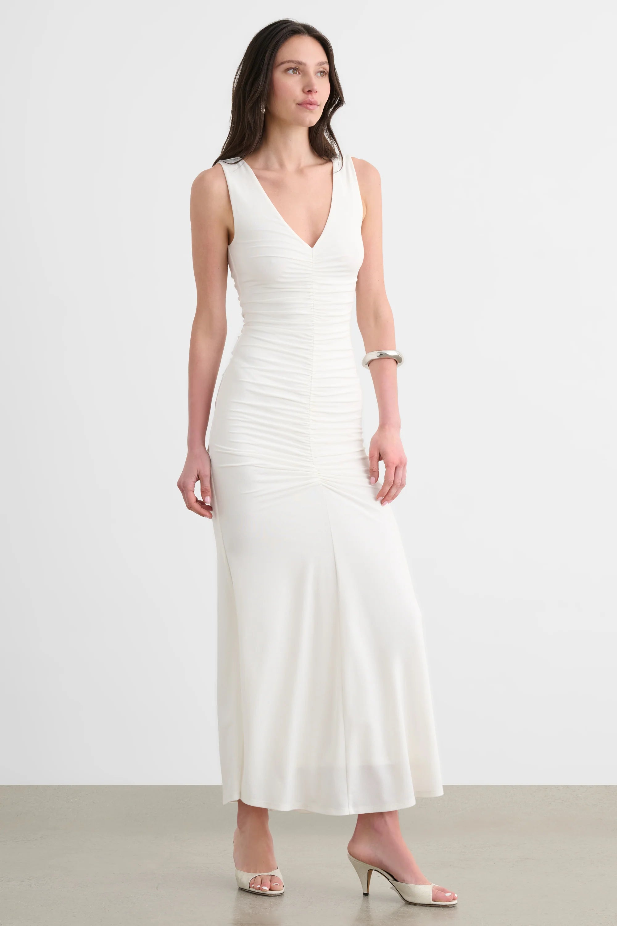 The Inez Sleeveless V-Neck Ruched Midi Dress | Coconut