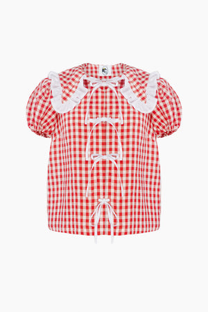 Sleeper Puff Linen Lounge Shirt | Red Vichy