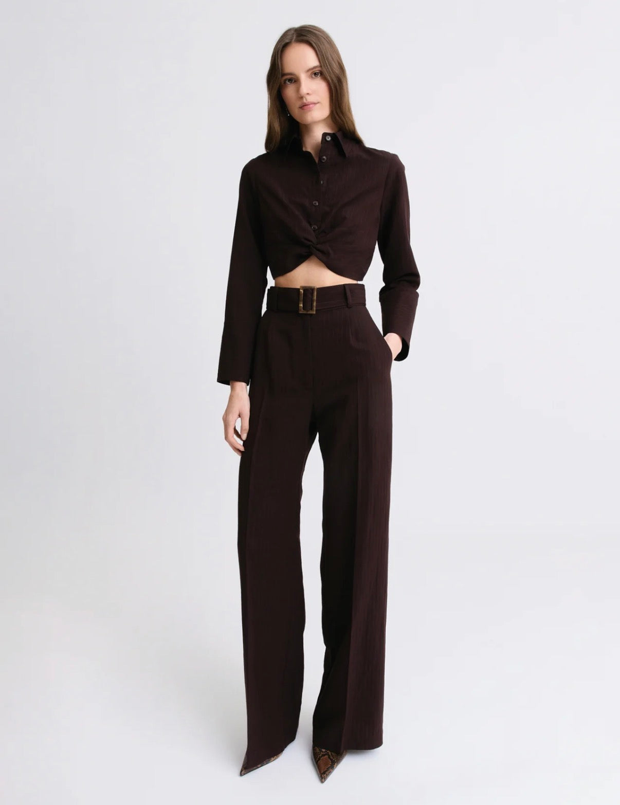 Belted Wide Leg Trouser | Brown Stripe