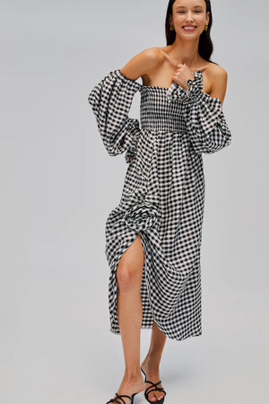 Sleeper Atlanta Linen Dress with Rose Detail | Black Vichy