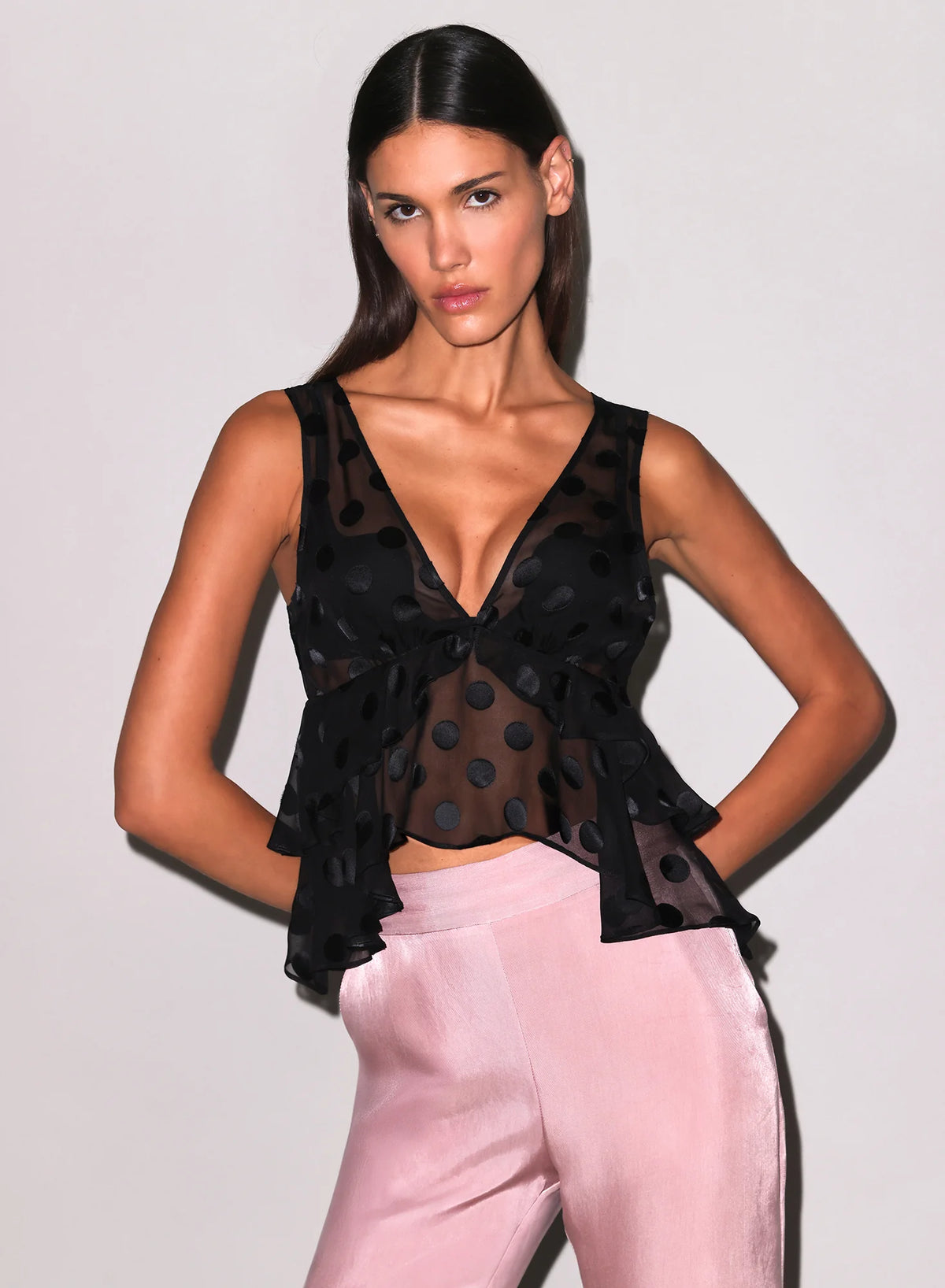 Silk Dot Ruffle Top