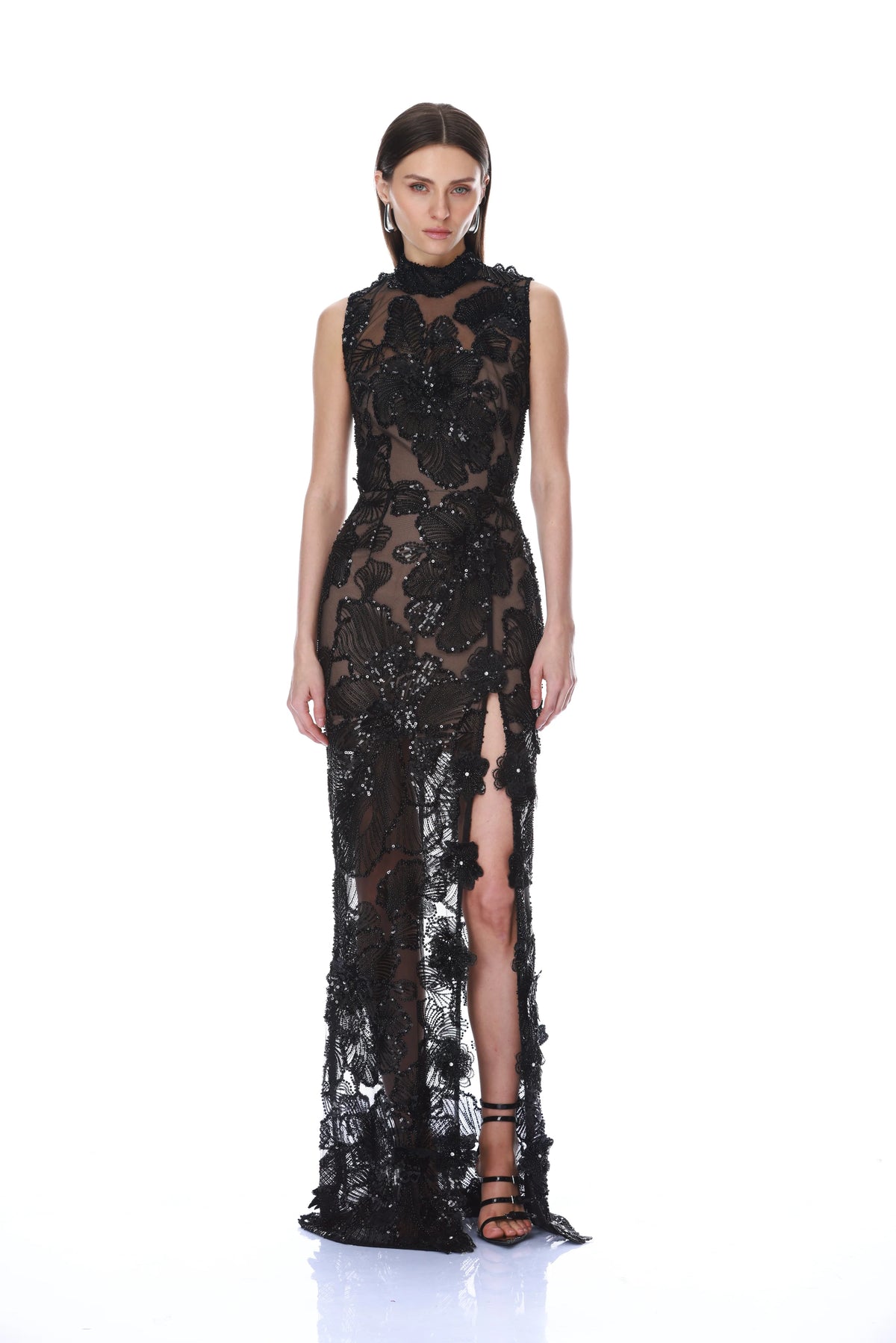 High-Neck Embellished Black Maxi Dress