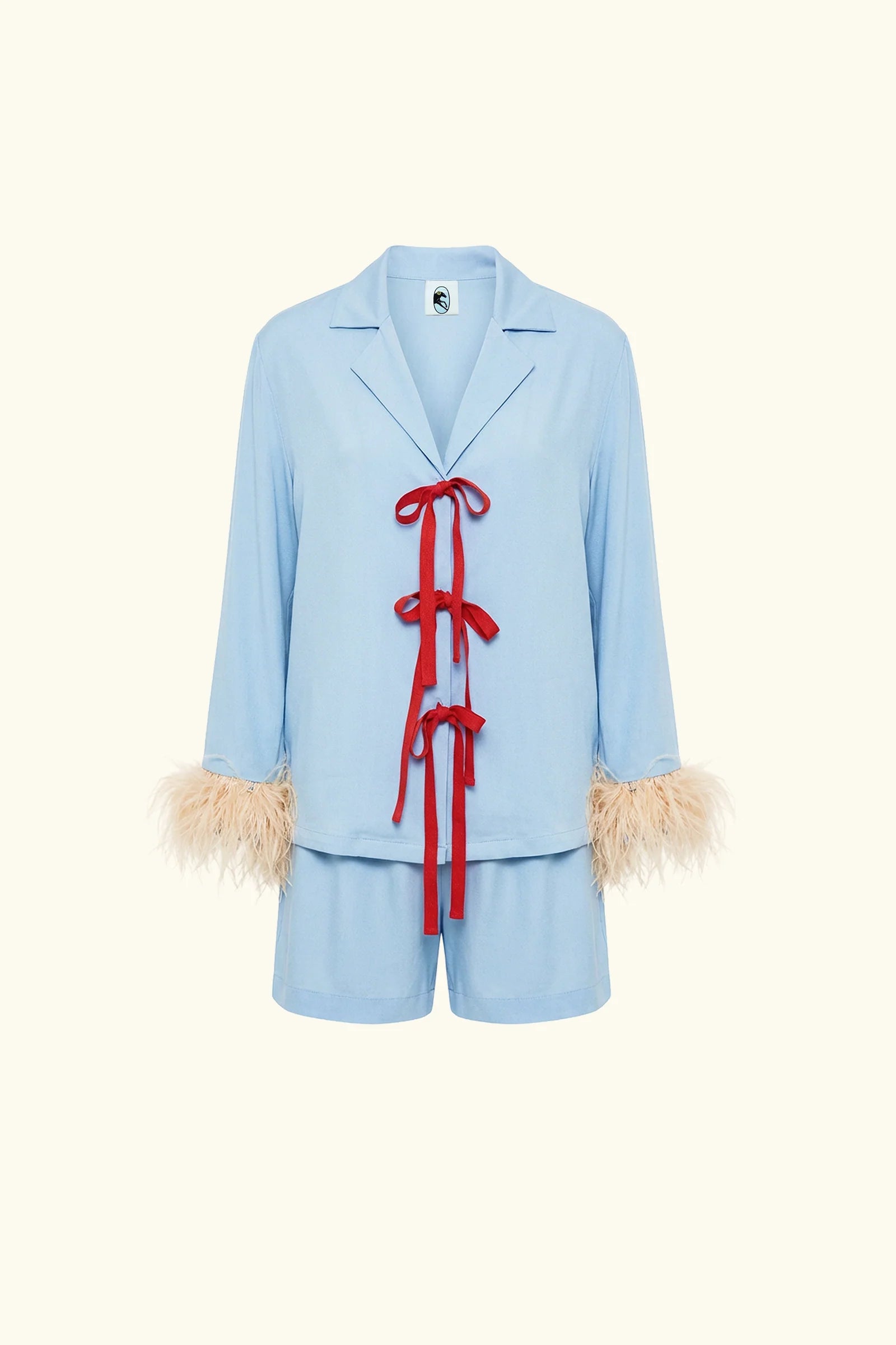 The Bow Set with shorts | Blue with Detachable Feathers in Beige