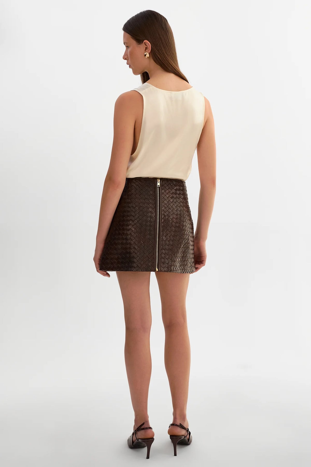The SERENA Leather Basket Weave Mini Skirt | Brown