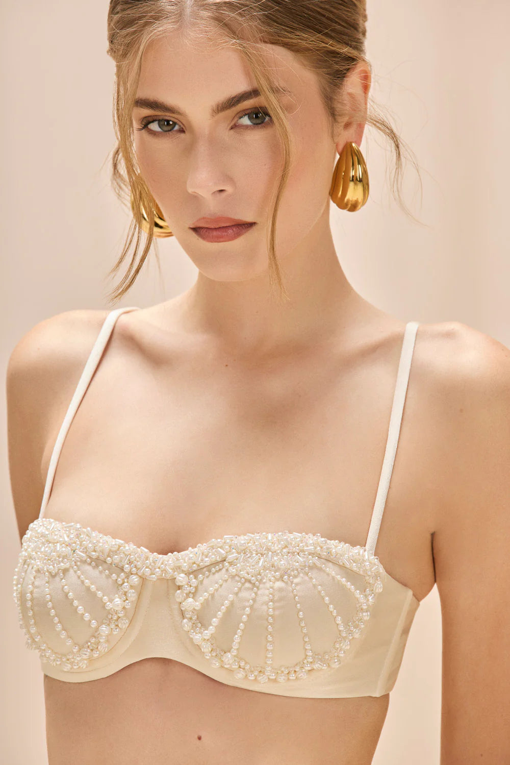 Coral Golden Dune Lycra Embroidered Bikini Top