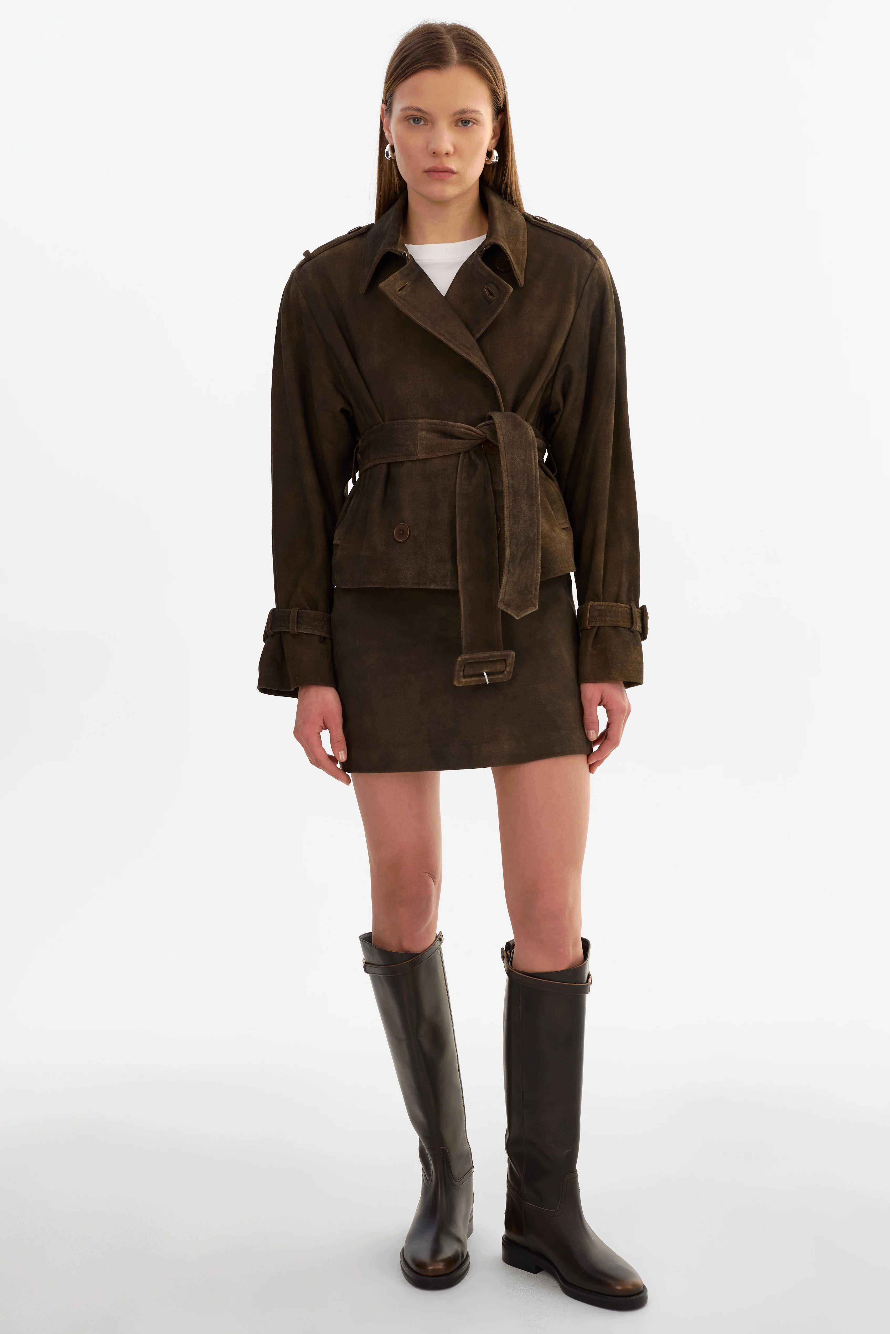 Dhana Short Suede Trench | Dark Brown