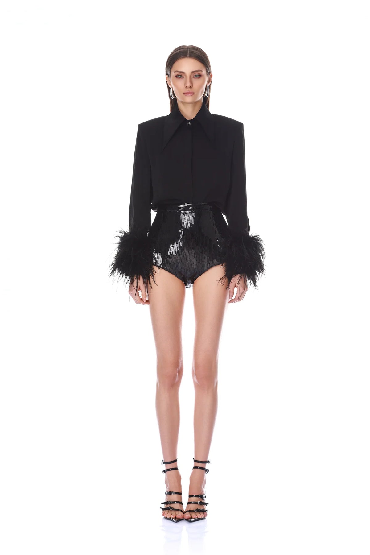 Button Down Blouse with Feather Cuffs