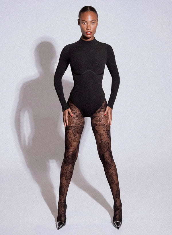 Fleur Du Mal HHourglass Rib Mockneck Long Sleeve Bodysuit | Black