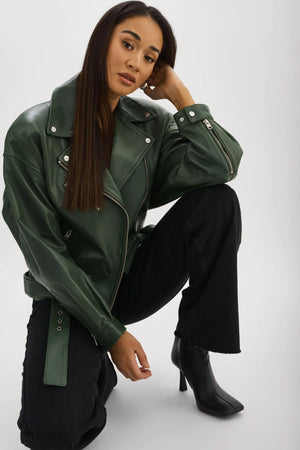 LaMarque Estia Leather Biker Jacket Alpine Green The LALA Look