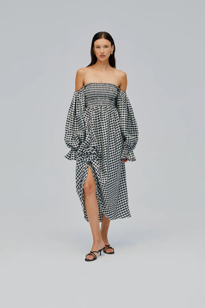 Sleeper Atlanta Linen Dress with Rose Detail | Black Vichy