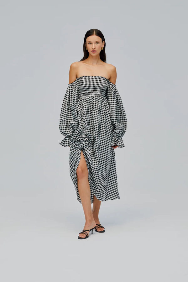 Sleeper Atlanta Linen Dress with Rose Detail | Black Vichy