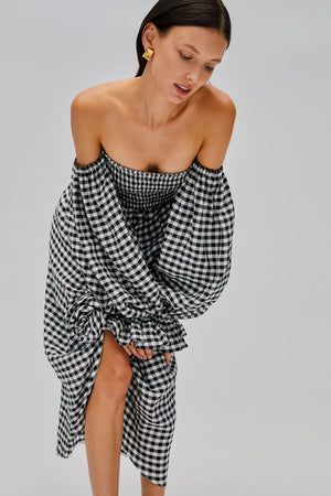 Sleeper Atlanta Linen Dress with Rose Detail | Black Vichy