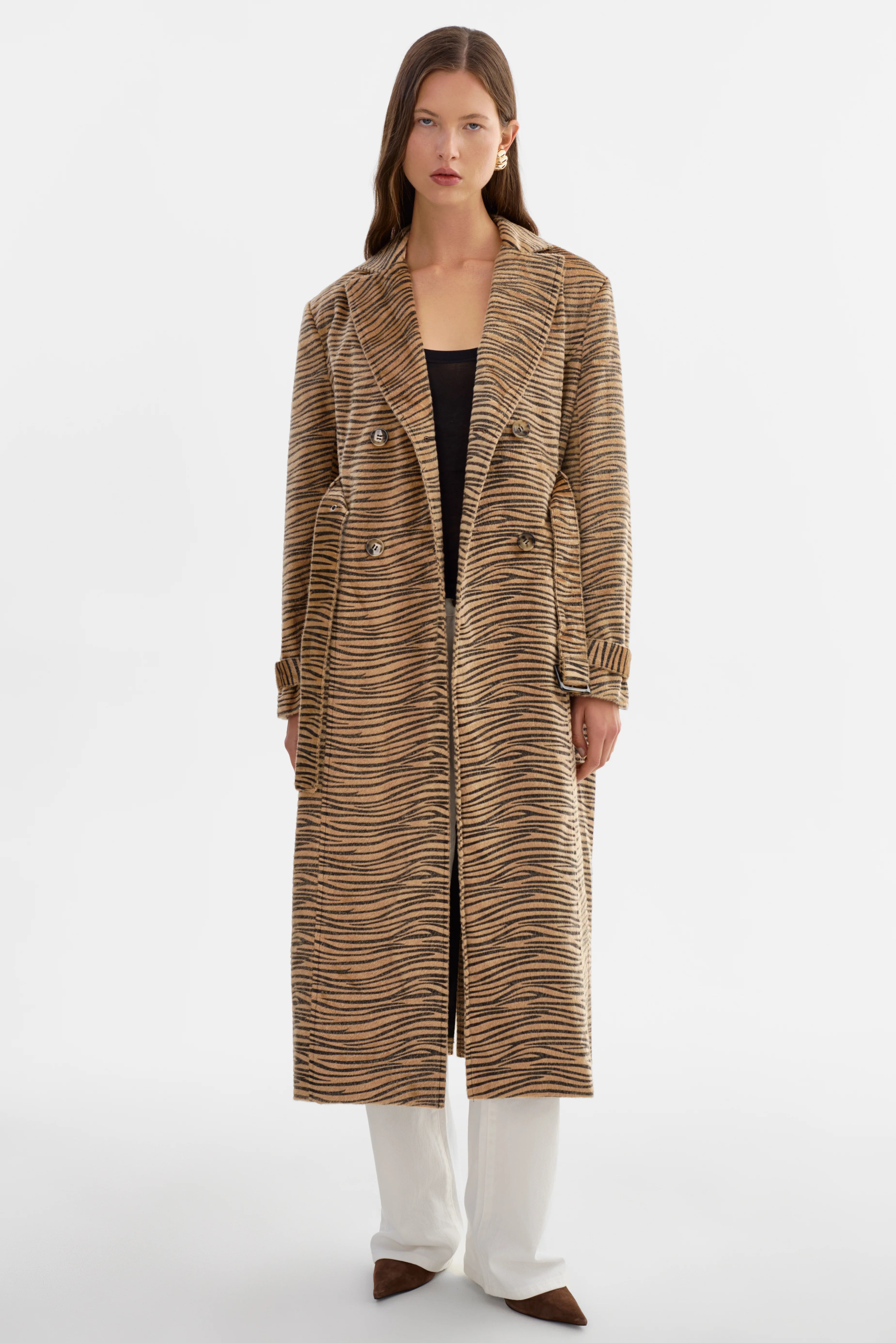 Leslie Tiger Print Faux Hair Trench Coat