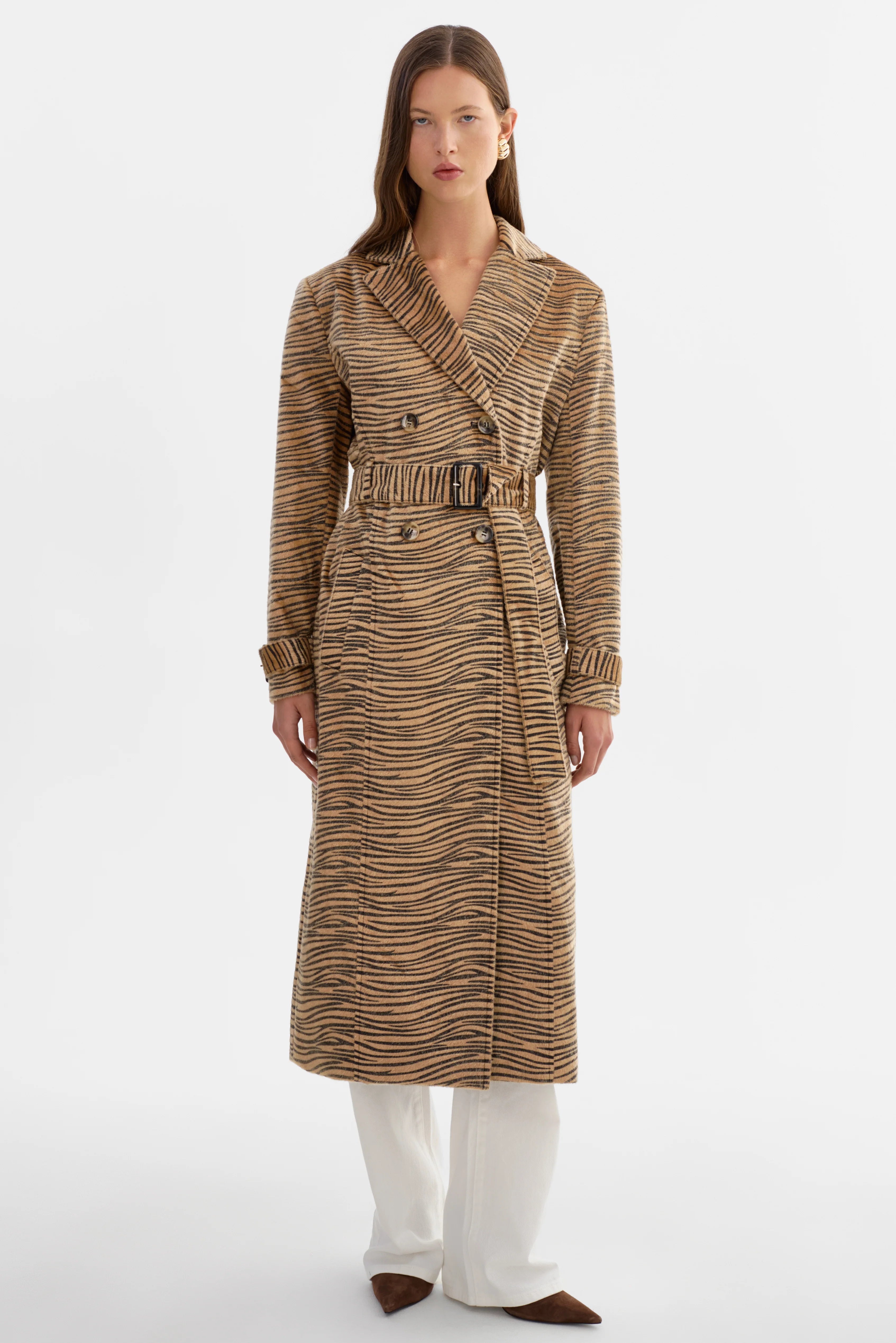 Leslie Tiger Print Faux Hair Trench Coat