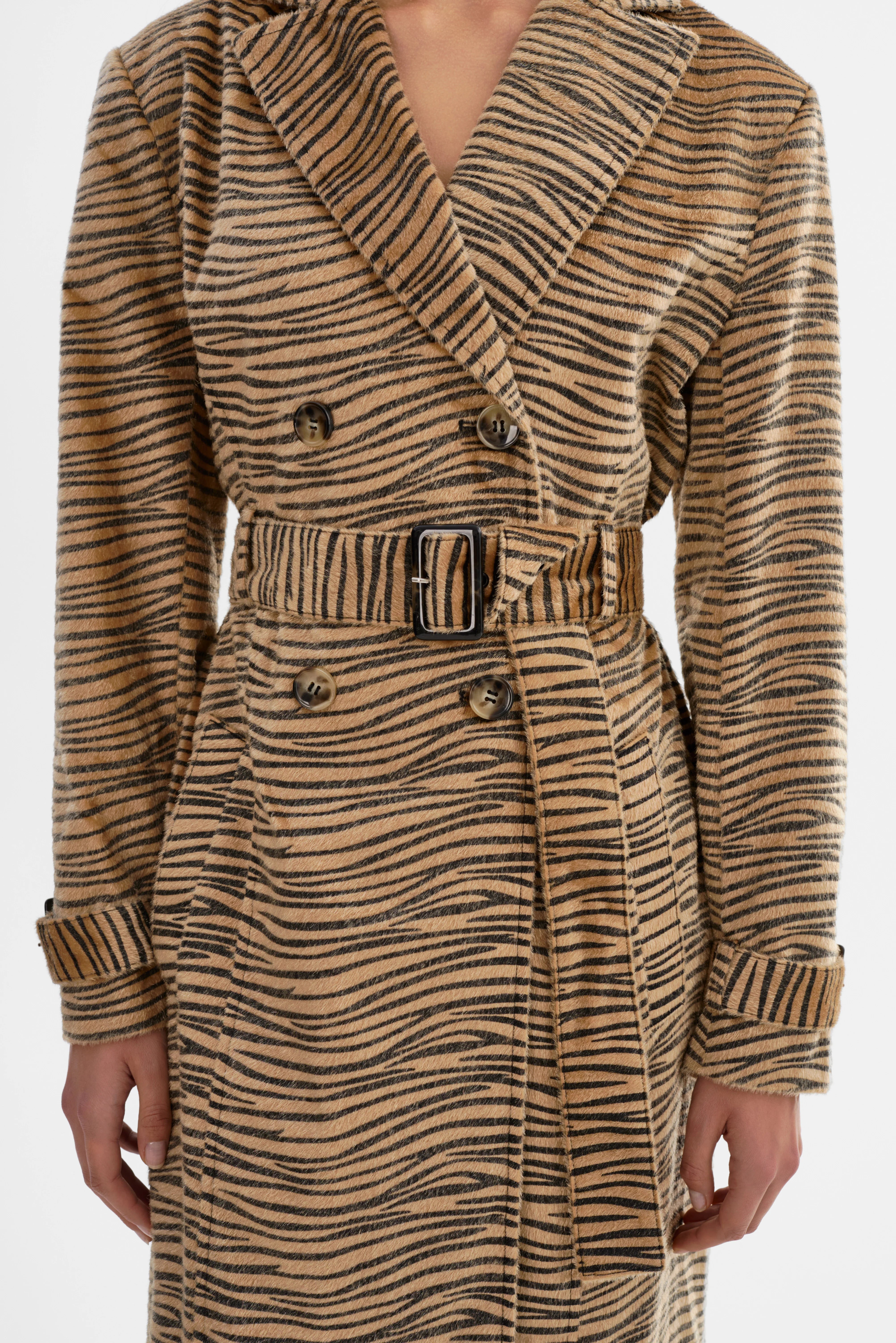 Leslie Tiger Print Faux Hair Trench Coat