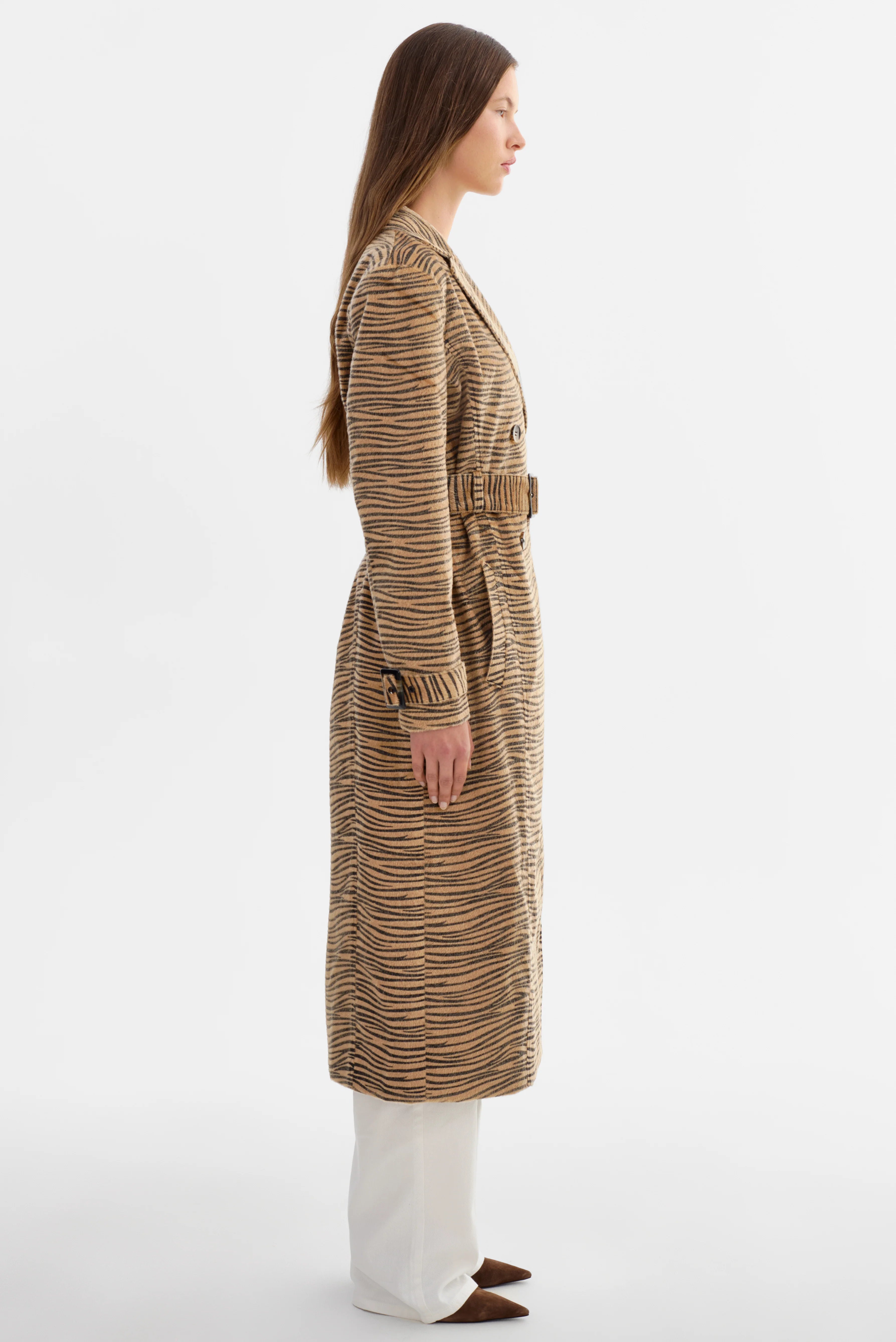 Leslie Tiger Print Faux Hair Trench Coat