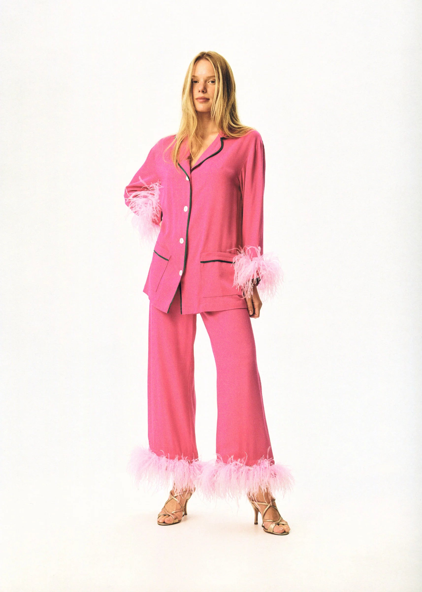 Party Pajama Suit with Feathers | Hot Pink