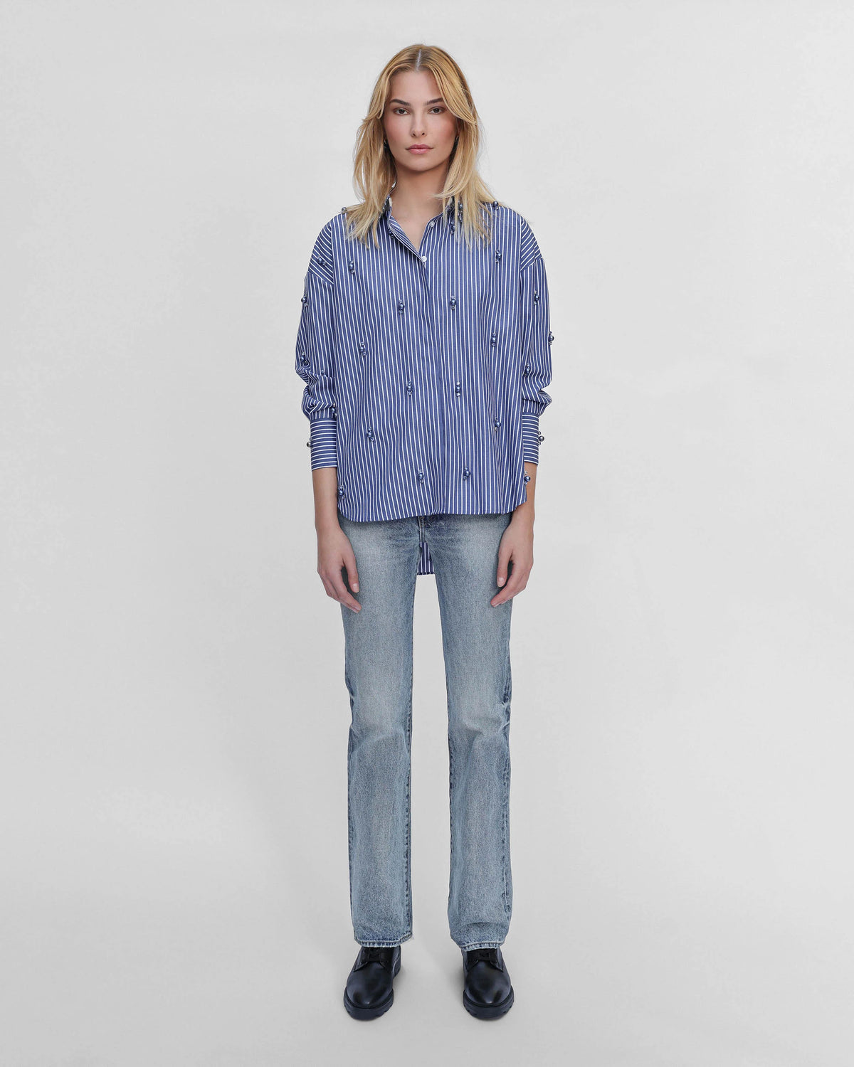 Echo Stripe Crystal Boyfriend Shirt | Ink Blue